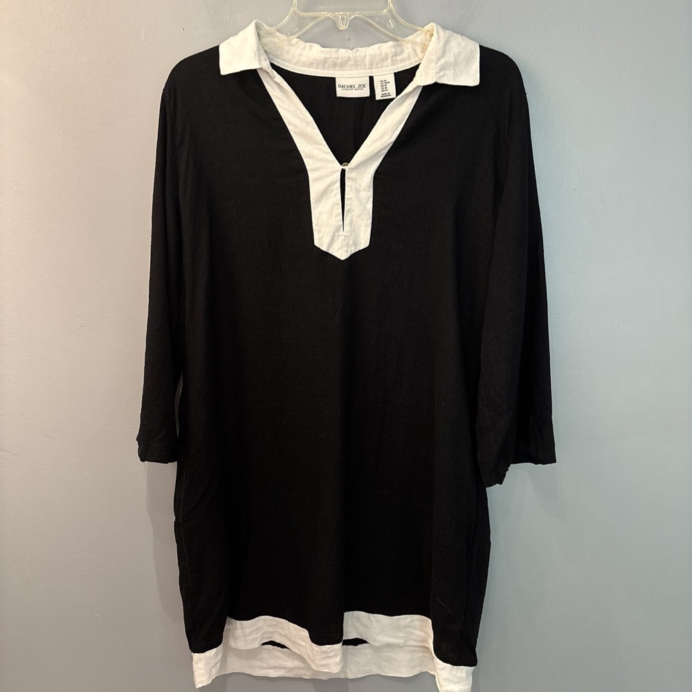 Rachel Zoe Linen Blend Midi‎ Dress Black White Trim Lightweight Coverup Size M